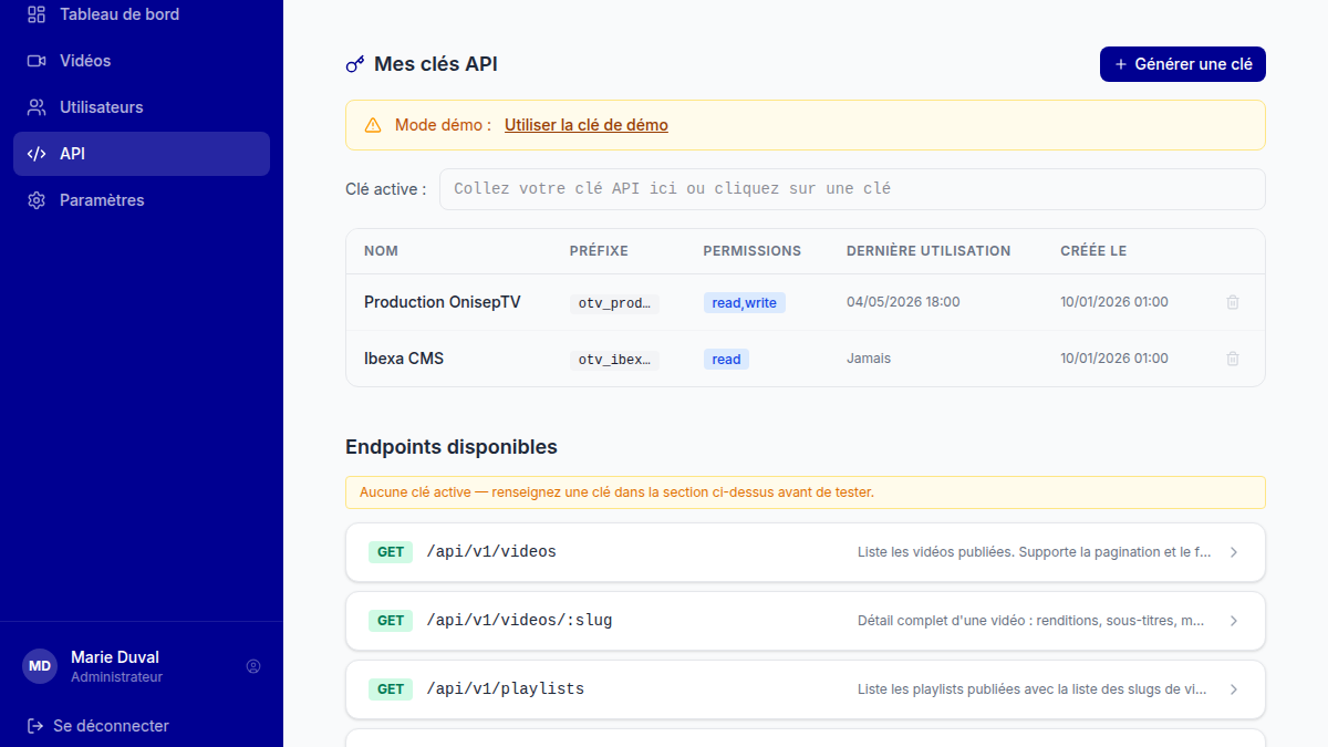 API à clés scopées