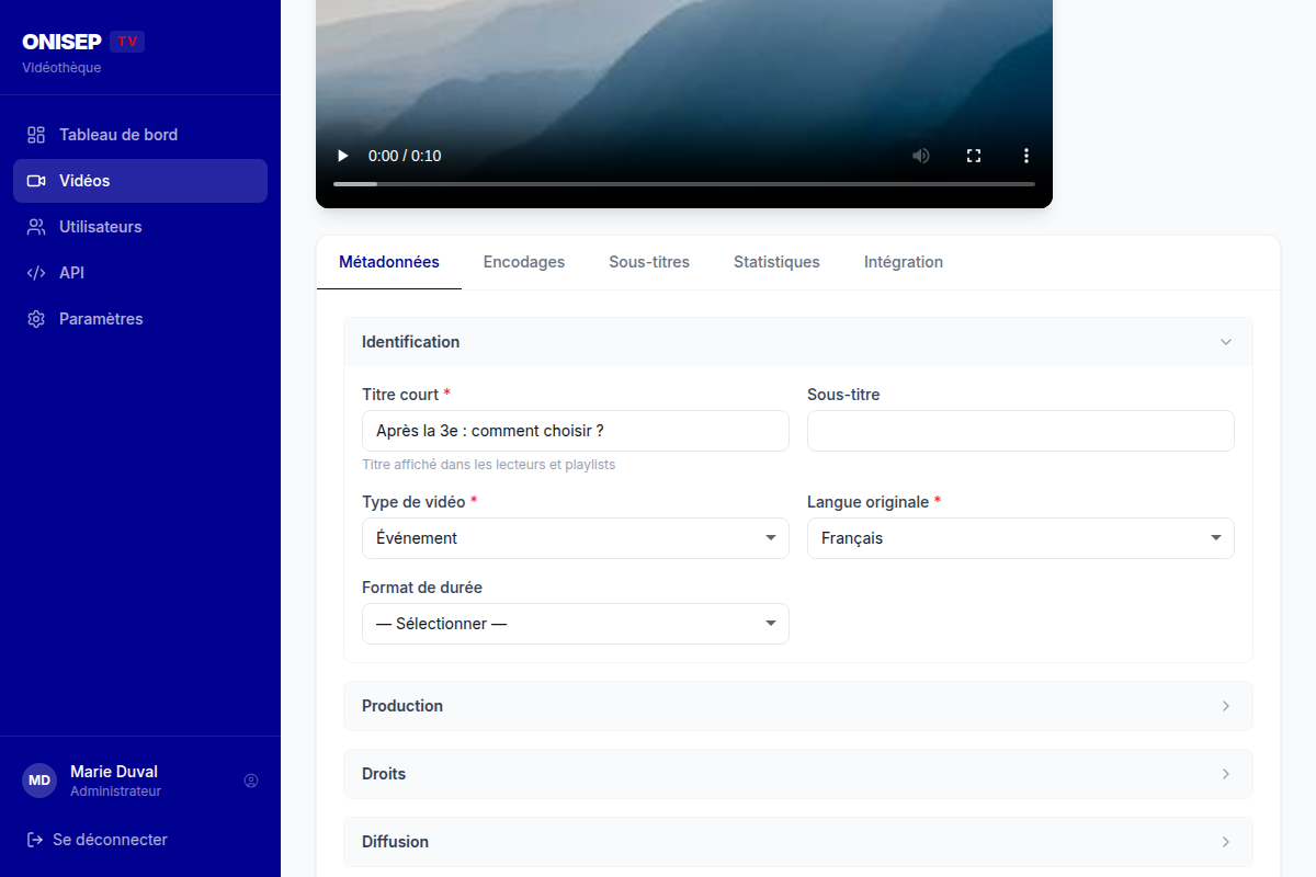 Fiche vidéo et métadonnées éditoriales