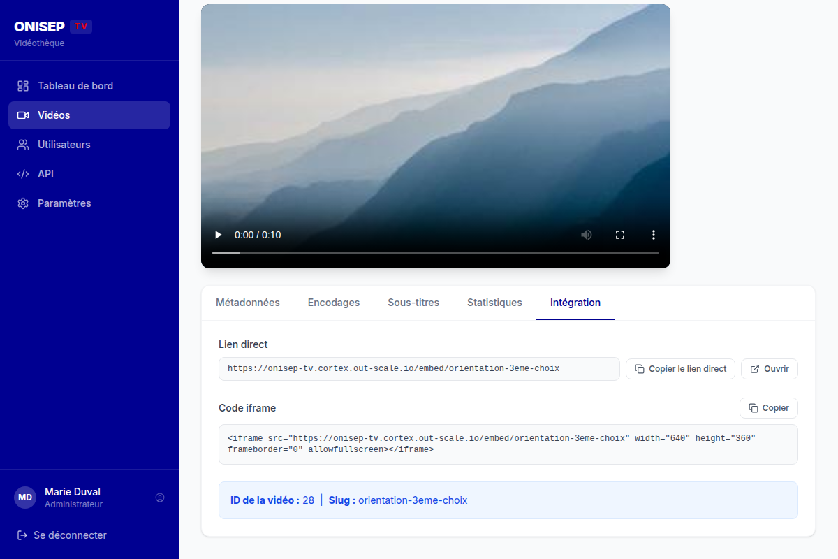 Lien direct et code d'intégration iframe