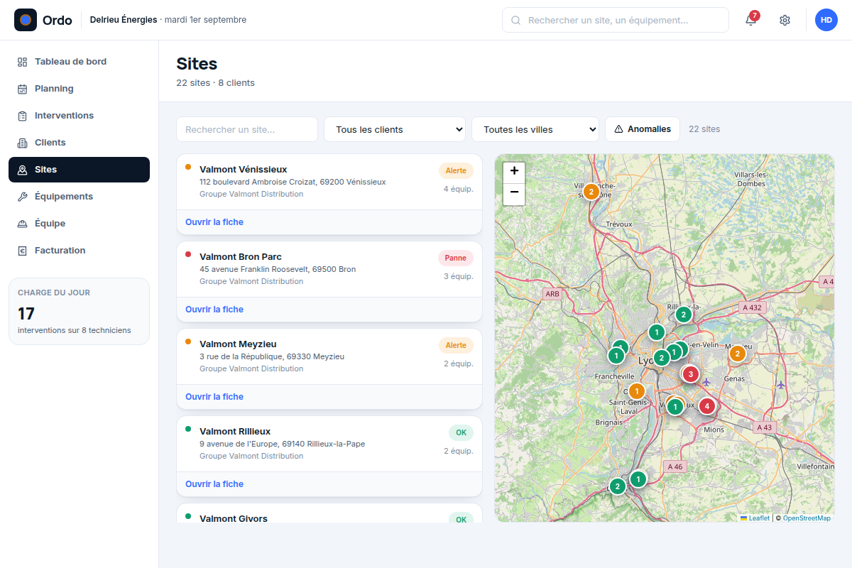 Sites clients : liste et carte interactive