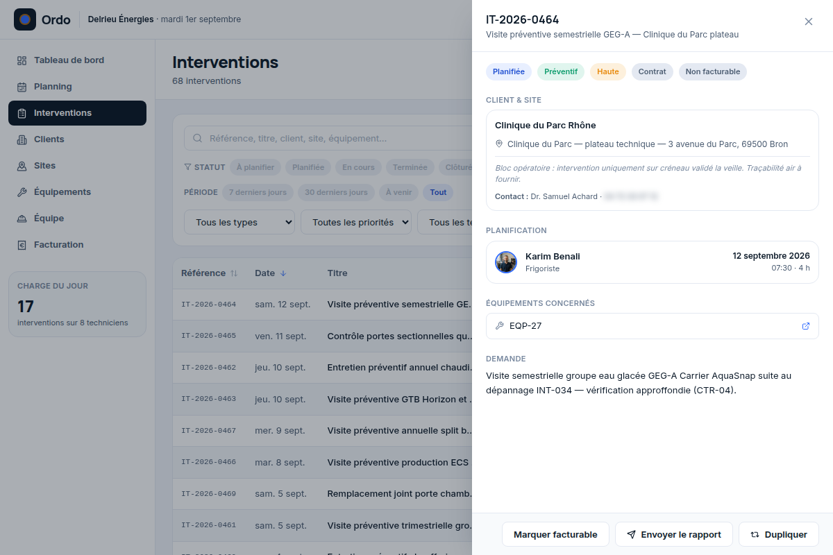 Fiche intervention : client, planification, équipements