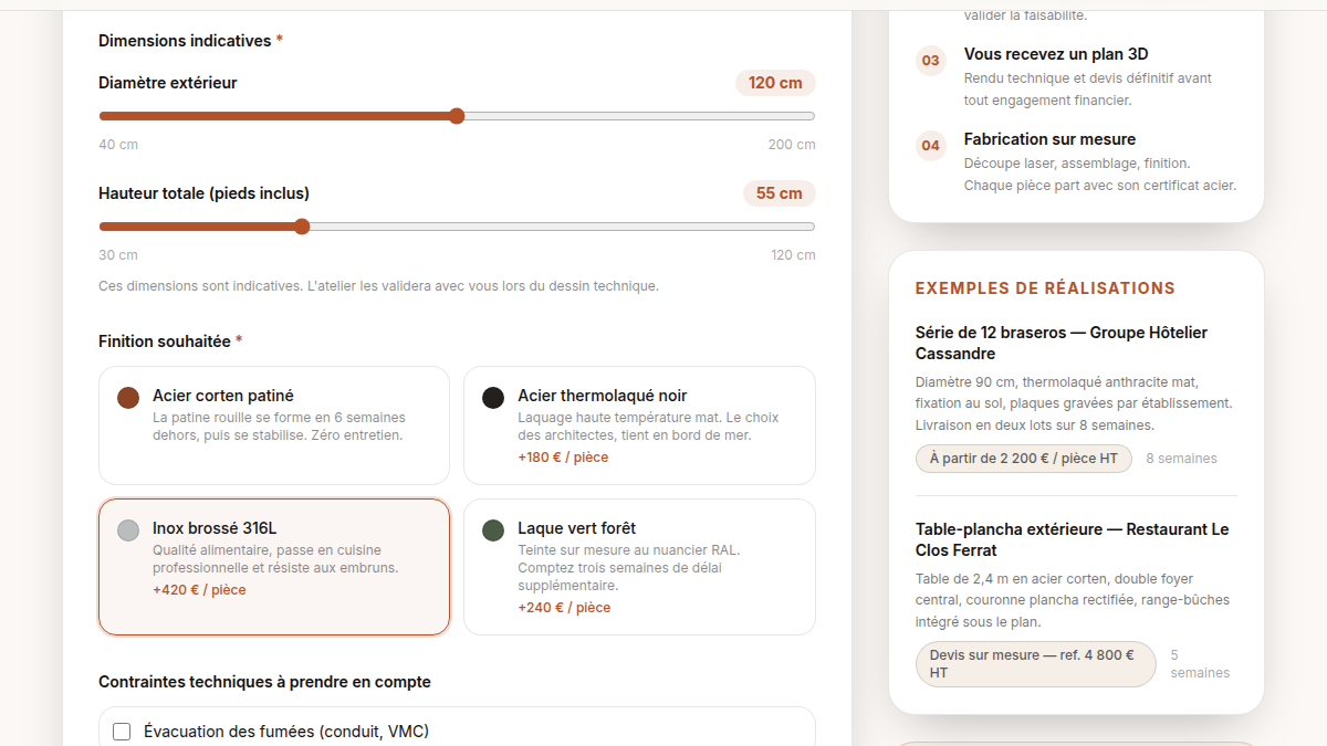 Dimensions et finition ajustées en direct