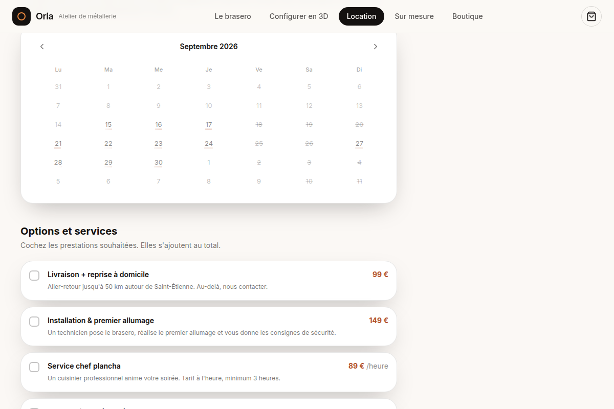Location : calendrier de disponibilité et options