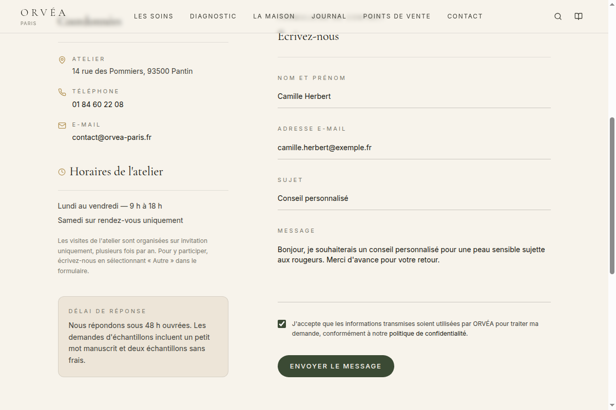Formulaire de contact renseigné