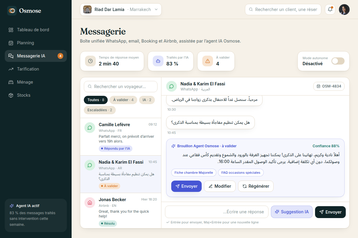 Boîte unifiée WhatsApp, email, Booking, Airbnb