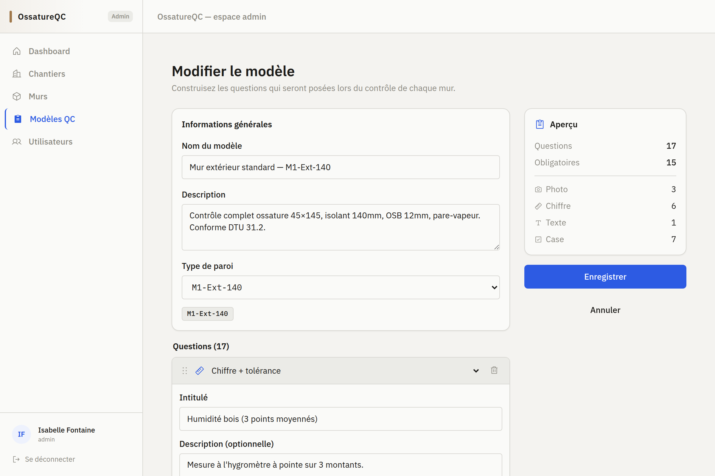 Modèle de contrôle par type de mur
