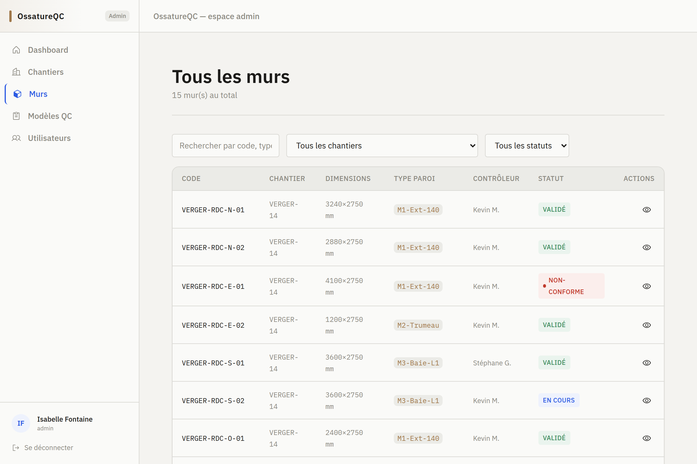 Tous les murs, filtrables par statut