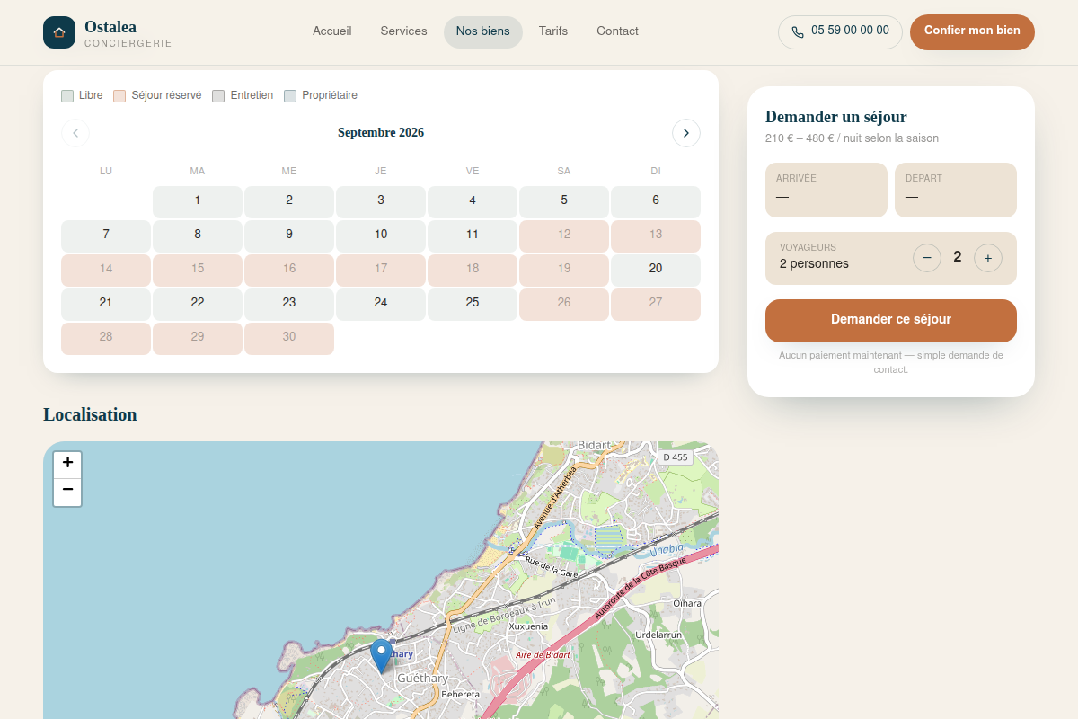 Calendrier de disponibilités et carte du bien