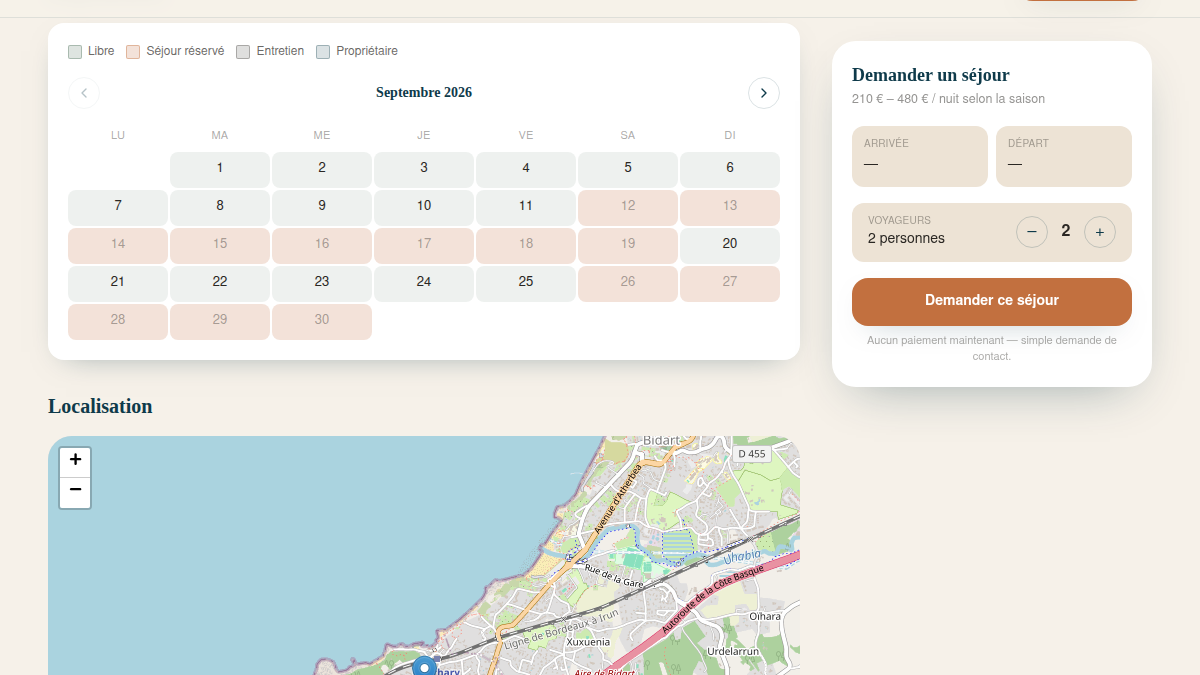 Calendrier et carte sur la fiche bien