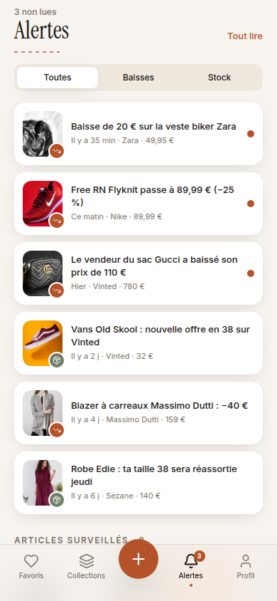 Alertes baisse de prix et retour en stock