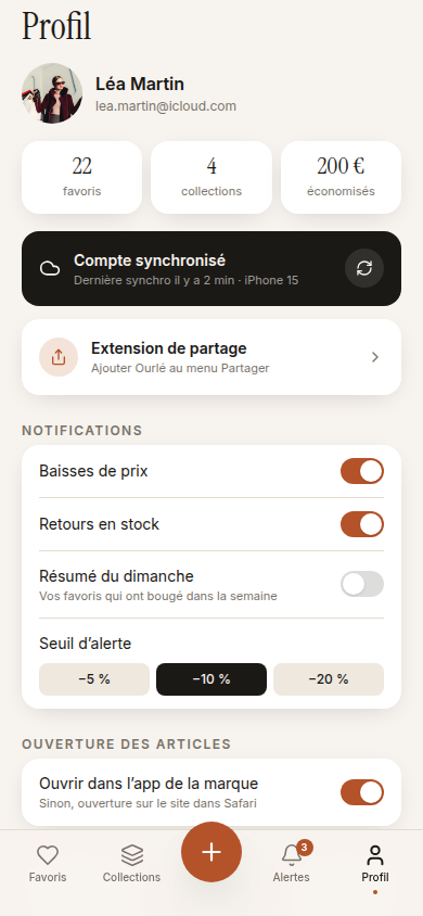 Profil, synchro et réglages de notification