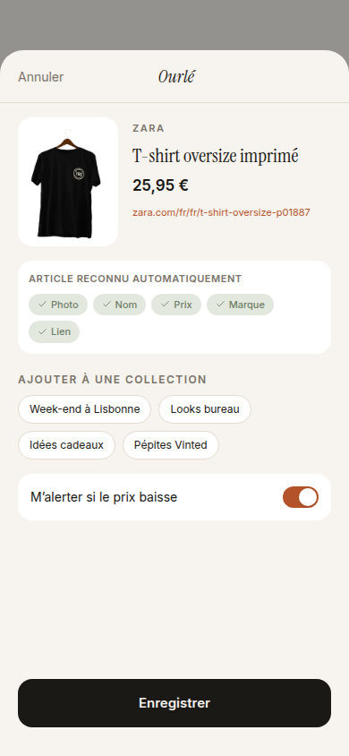 Reconnaissance automatique de l'article partagé