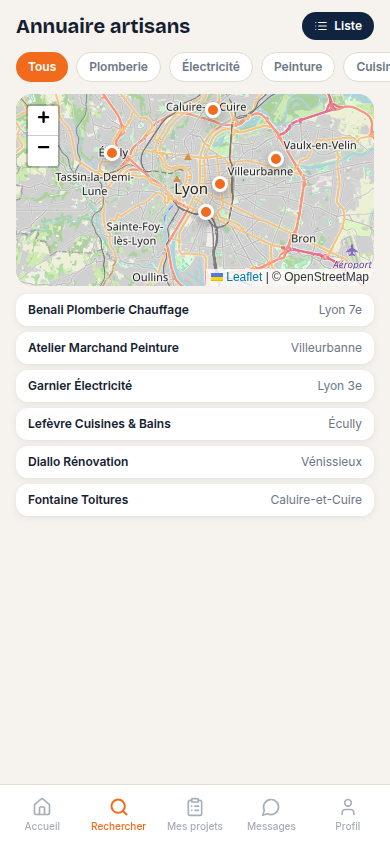 Annuaire d'artisans filtrable sur carte