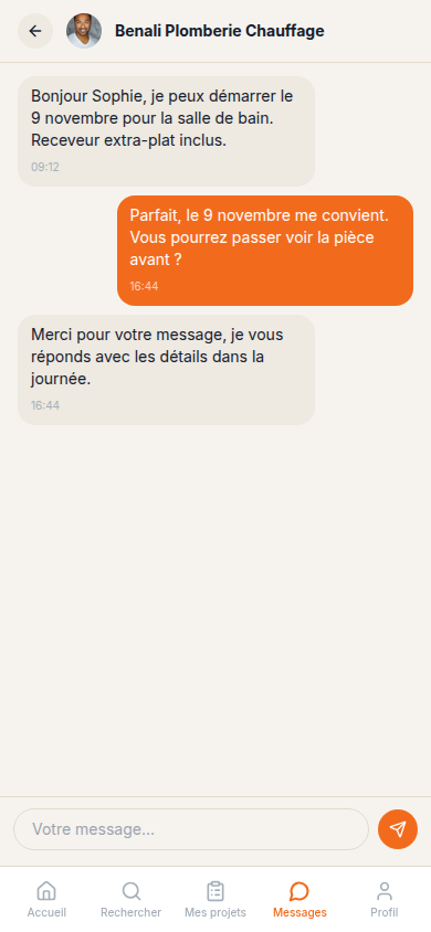 Messagerie directe avec l'artisan