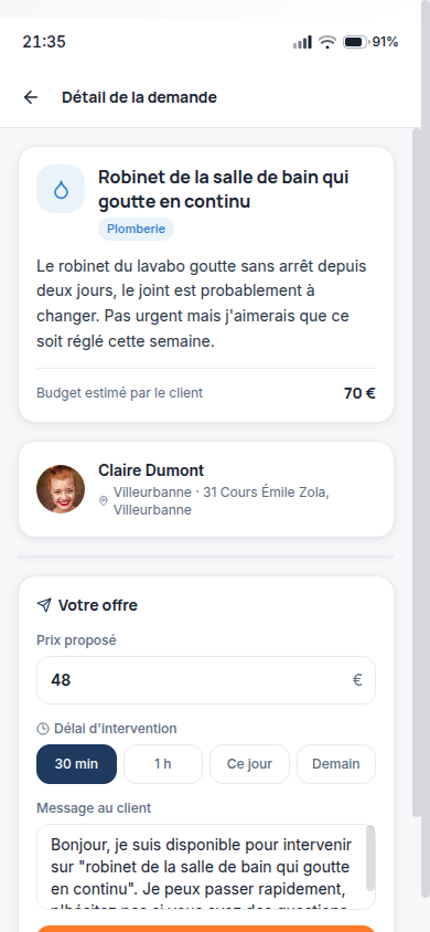 Détail demande : prix, délai et message au client