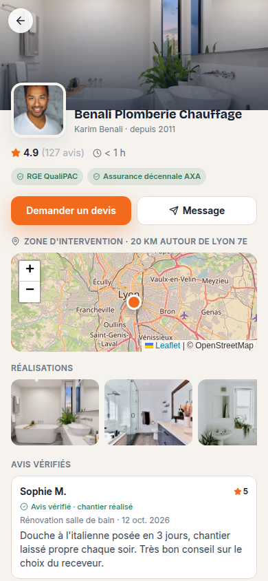 Fiche artisan avec avis vérifiés et qualifications