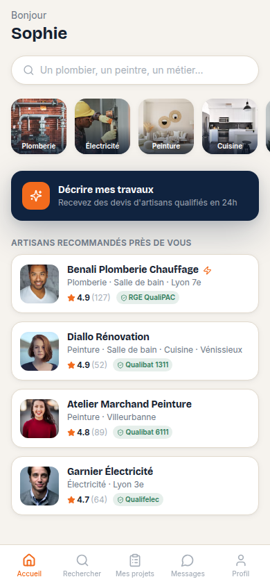 Accueil avec métiers et artisans recommandés