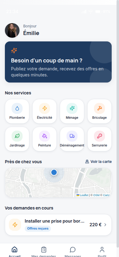 Accueil : services, carte et demandes en cours