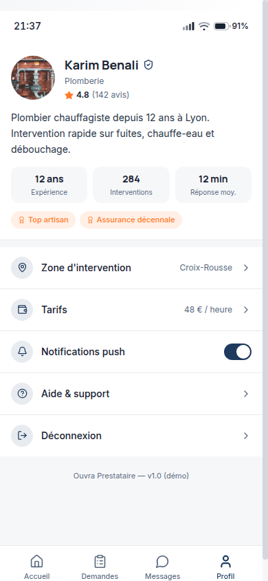 Profil : stats, badges et zone d'intervention