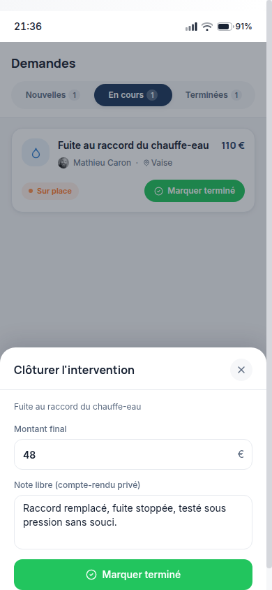 Clôturer l'intervention : montant final et compte-rendu