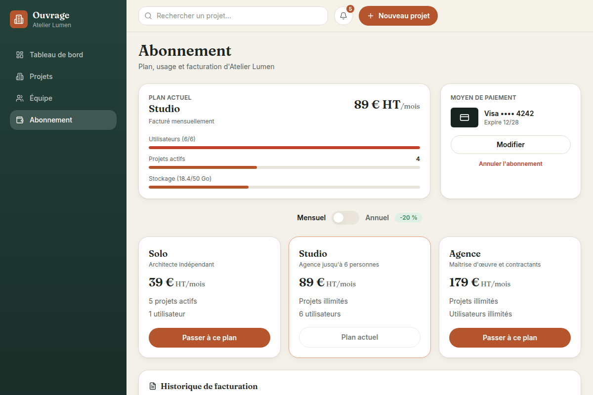 Abonnement : plans Solo, Studio, Agence