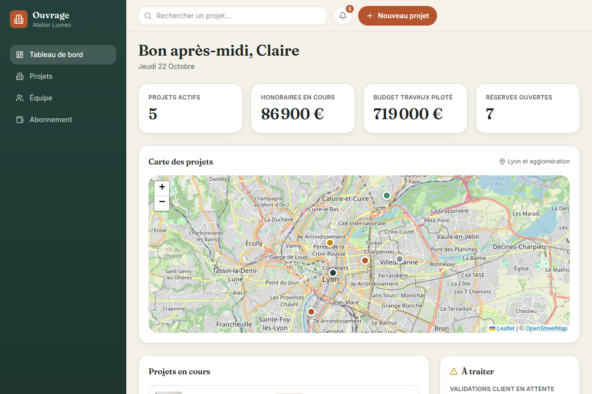 Tableau de bord : KPIs et carte des chantiers