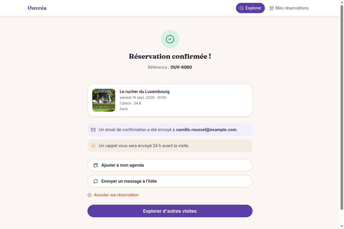 Confirmation, email automatique, annulation possible