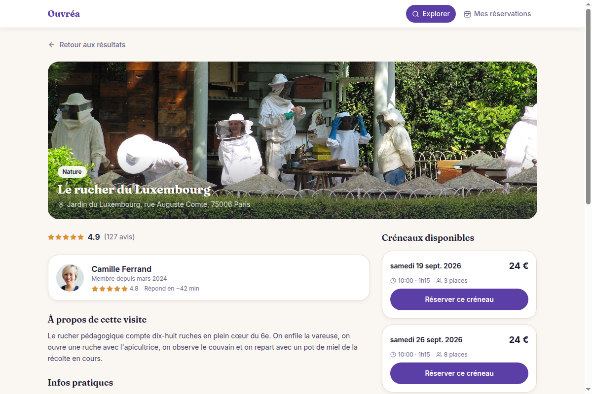Fiche détaillée : avis, infos pratiques, créneaux