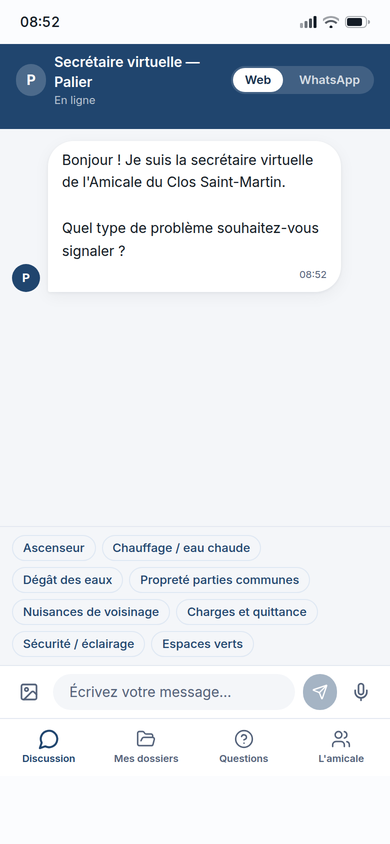 Chat IA : accueil et catégories de problème