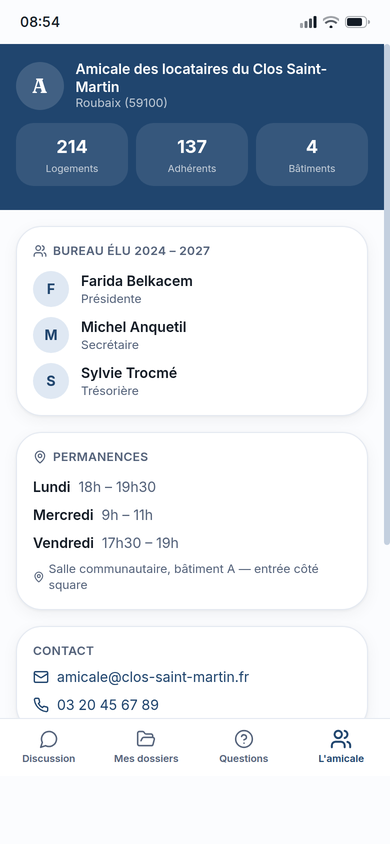 Fiche de l'amicale : bureau, permanences