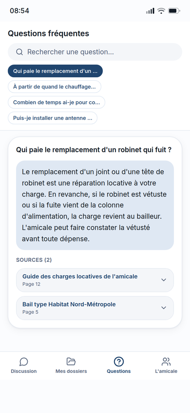 Question RAG dépliée avec sources citées