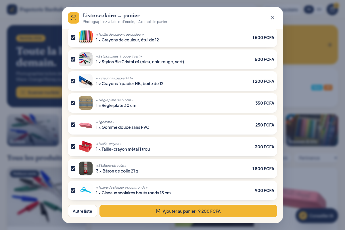 Photo de liste scolaire → panier rempli par IA