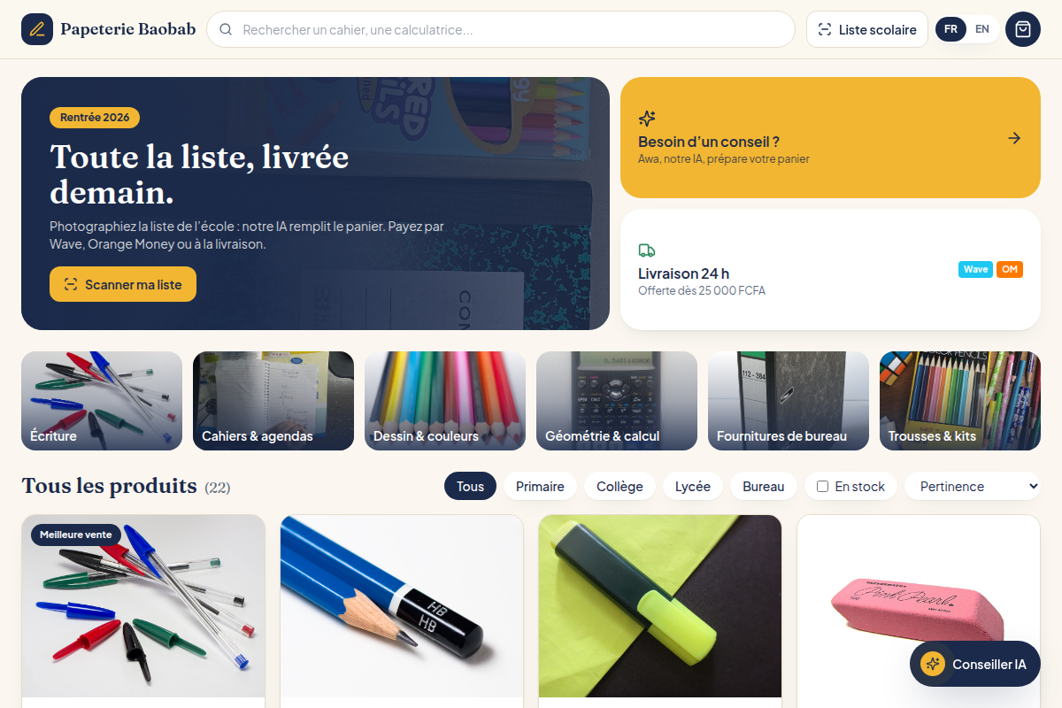 Catalogue avec recherche et filtres par niveau