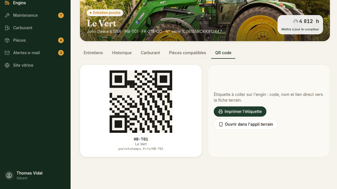 Un scan, la fiche engin au champ