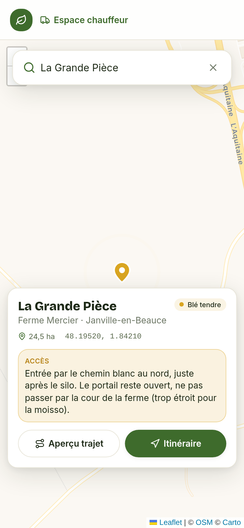 Fiche parcelle : accès et itinéraire en un tap