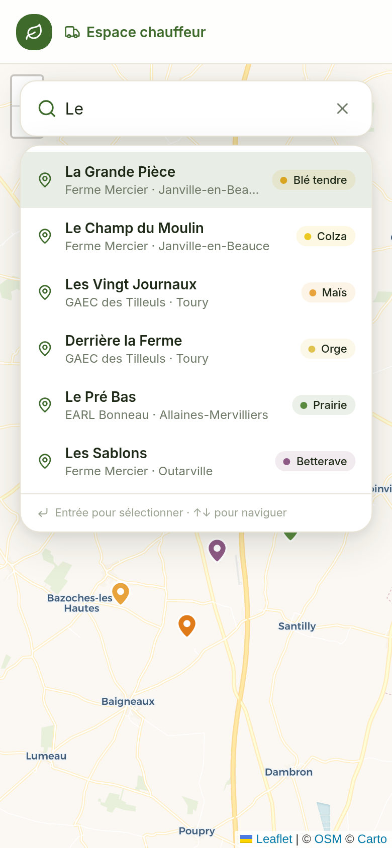 Recherche instantanée par nom de parcelle