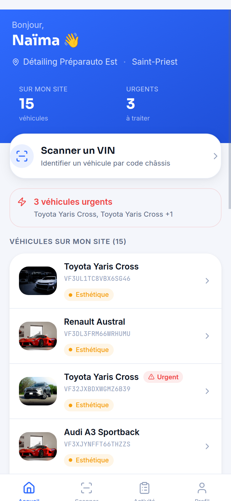 Accueil opérateur : véhicules du site et urgents