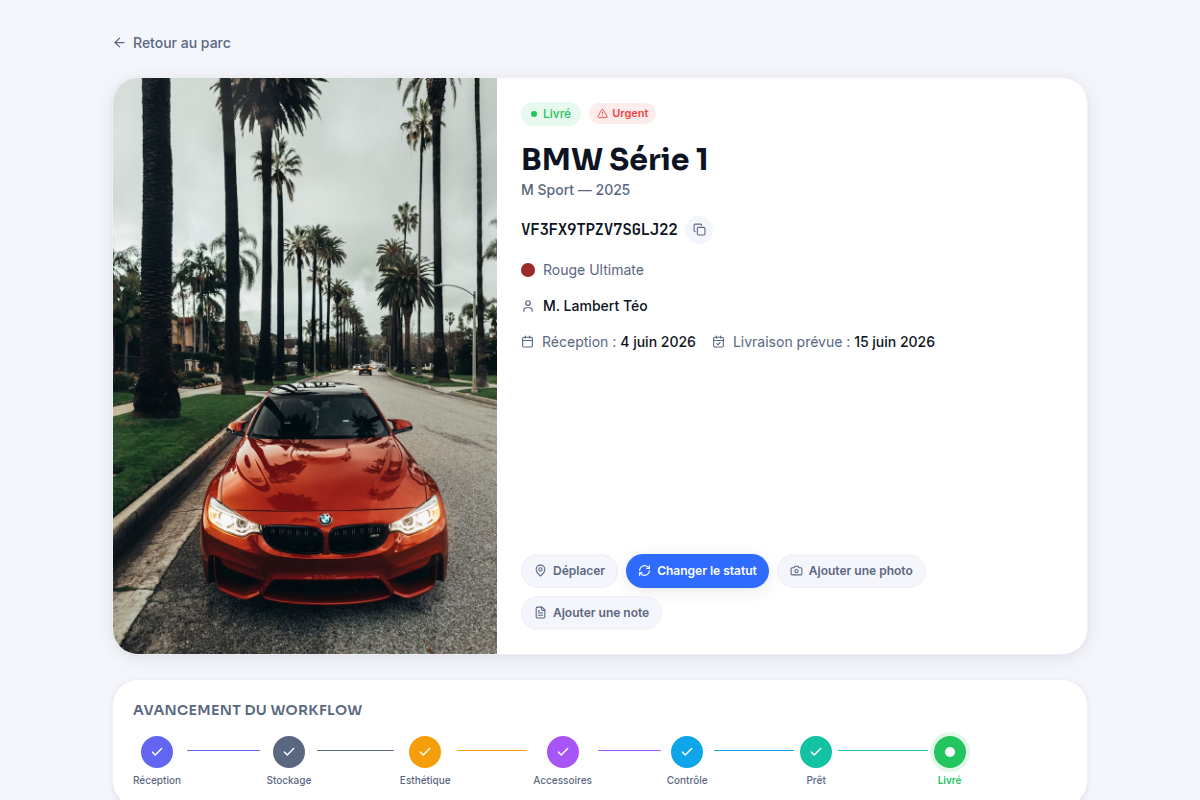 Fiche véhicule : photo, statut et workflow