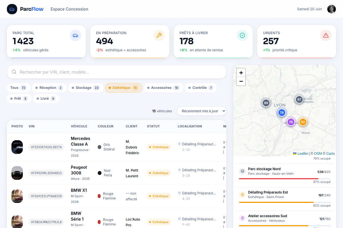 Filtre par statut : véhicules en préparation