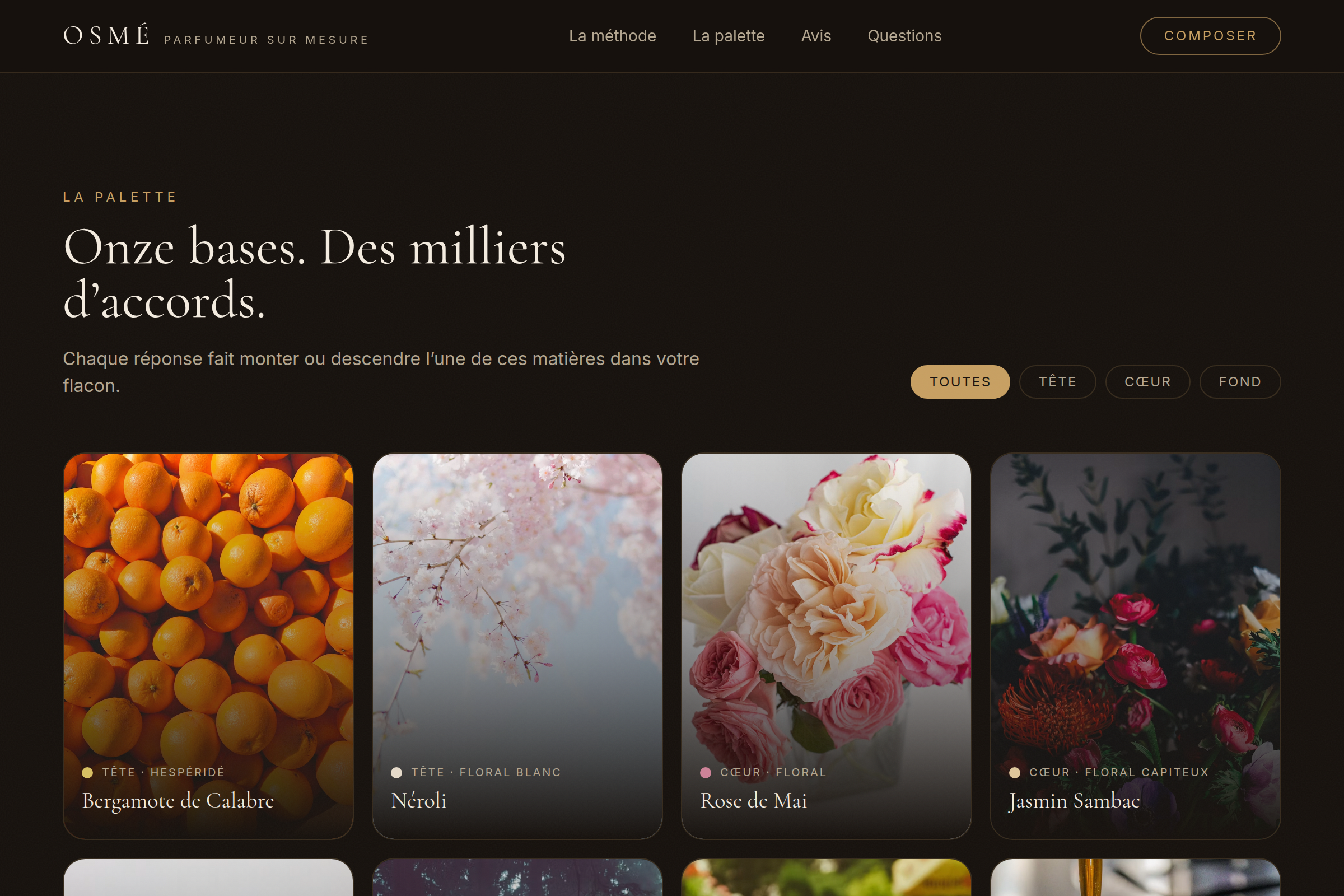 La palette : onze bases olfactives