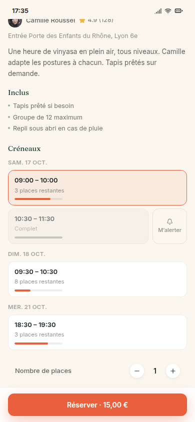 Détail d'un service et ses créneaux