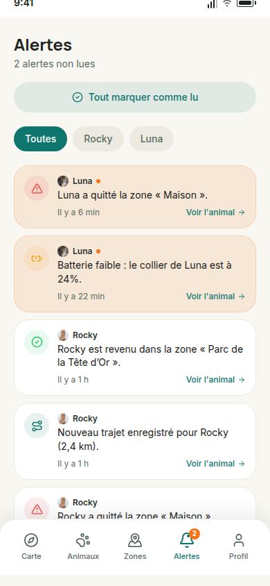 Fil d'alertes : sorties, batterie, trajets