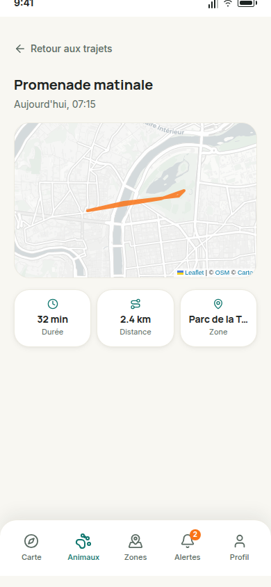 Trajet détaillé : durée, distance, zone