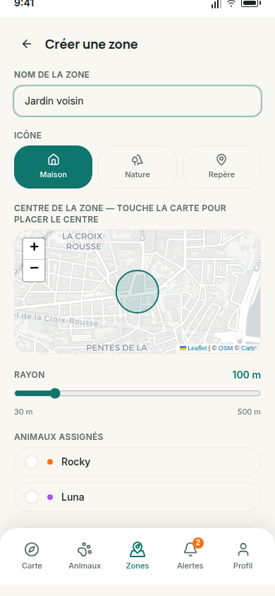 Créer une zone : carte, rayon, animaux