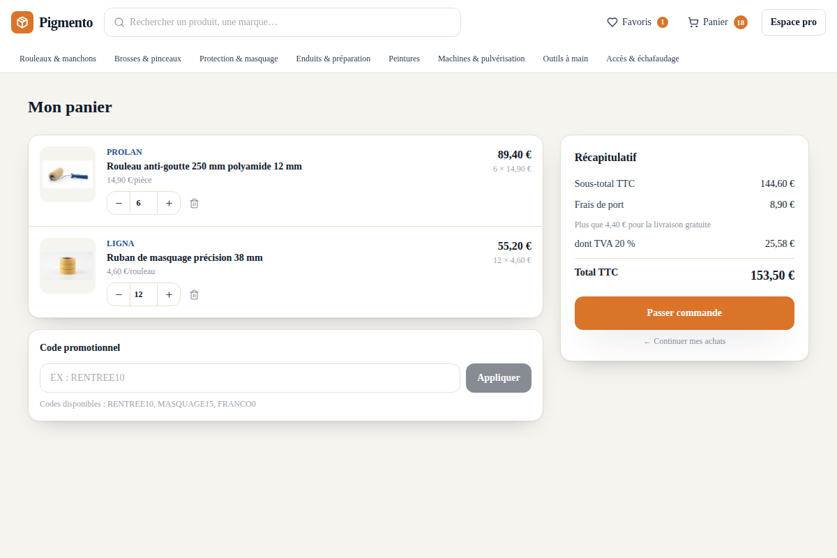 Panier avec récapitulatif et code promo