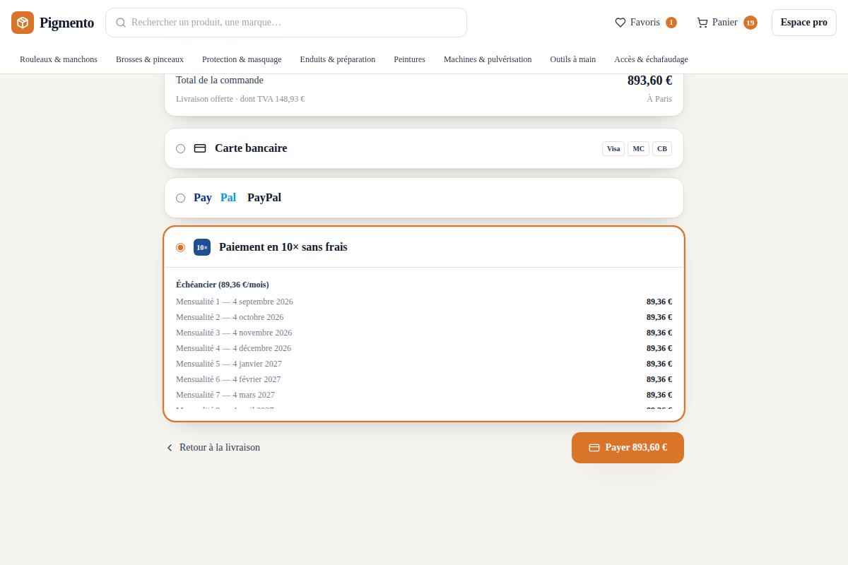 Paiement en 10× avec échéancier détaillé