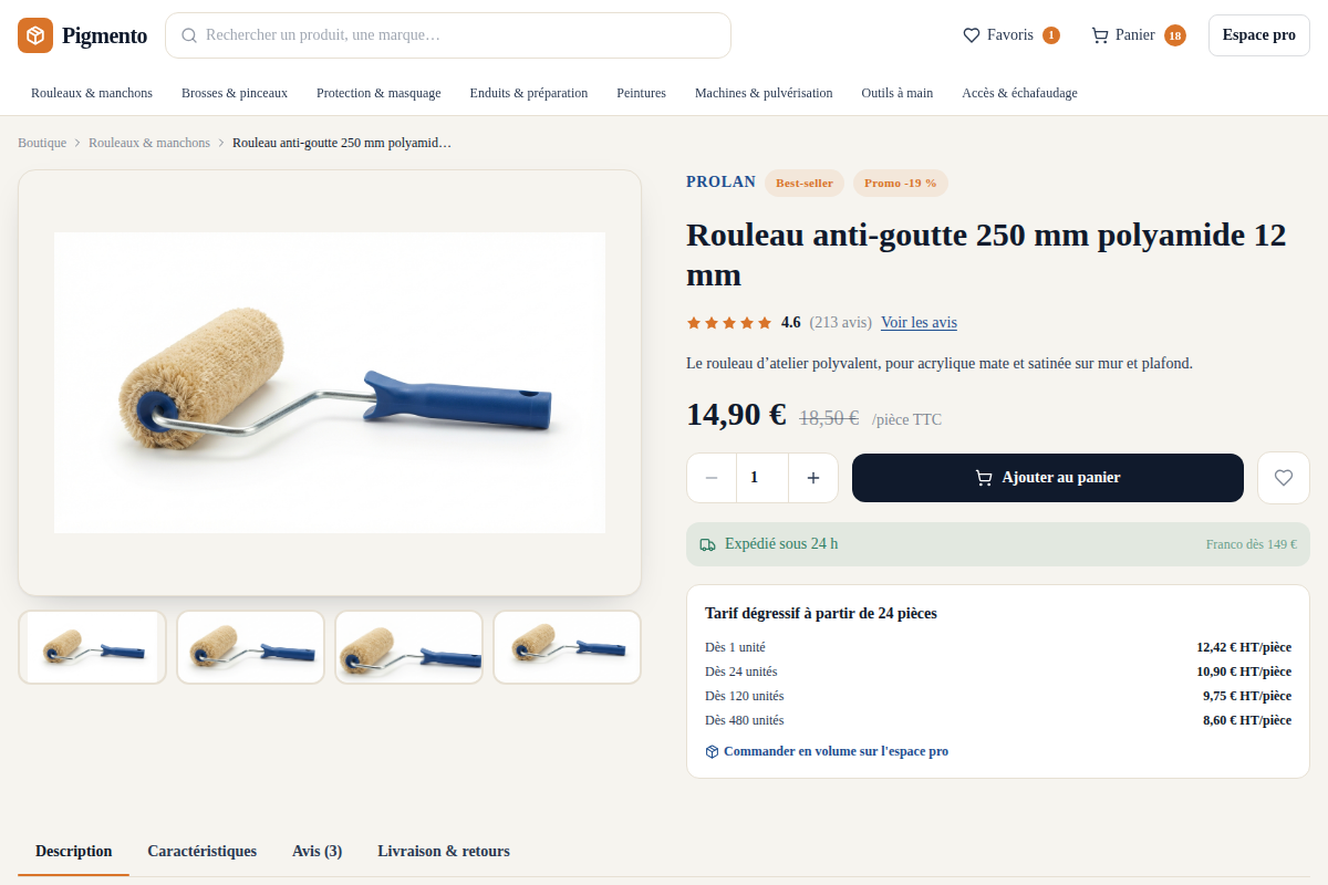 Fiche produit : prix, tarifs dégressifs, panier