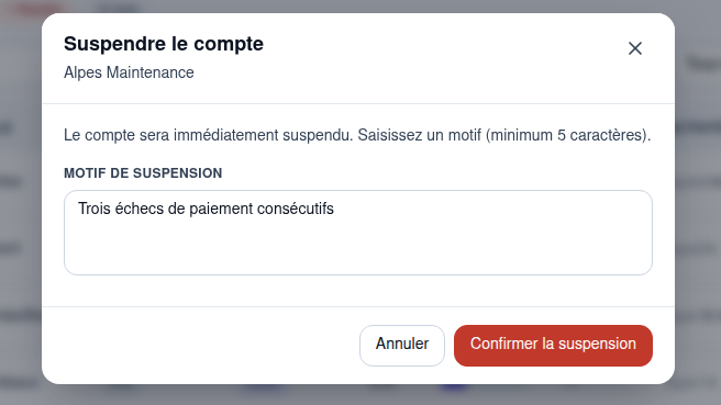 Suspension d'un compte sous garde-fou
