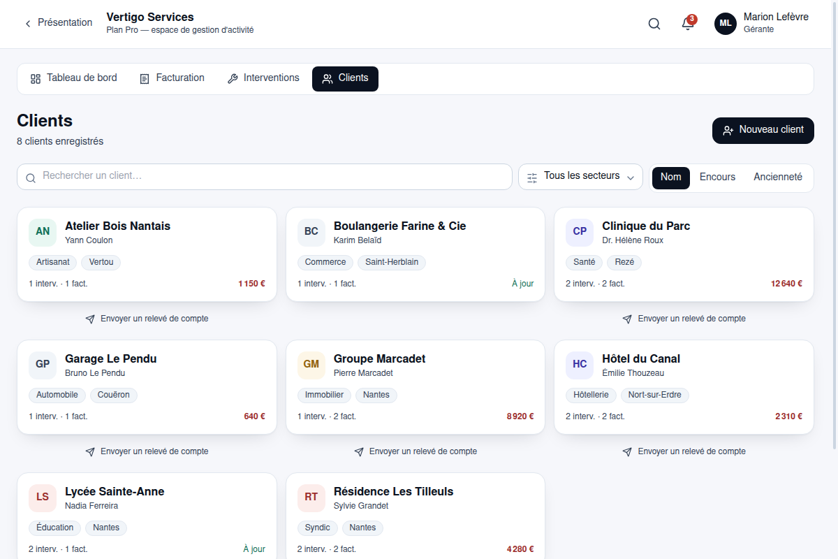 Fiches clients avec encours et historique