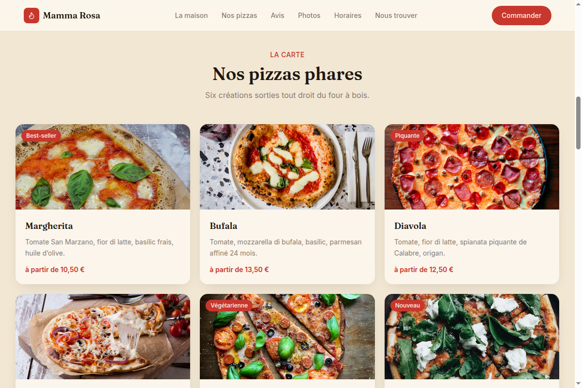 La carte : six pizzas phares avec prix